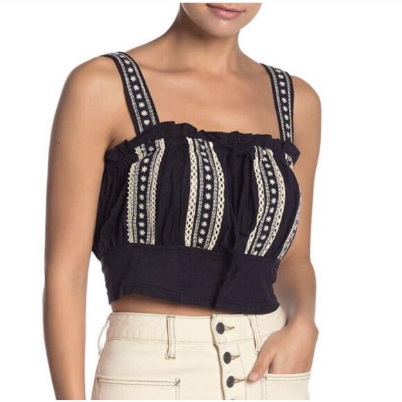 Free People Bohemian Embroidery Ruffled Fixed Strap Hill Crop Top L OB921810 - Picture 4 of 7